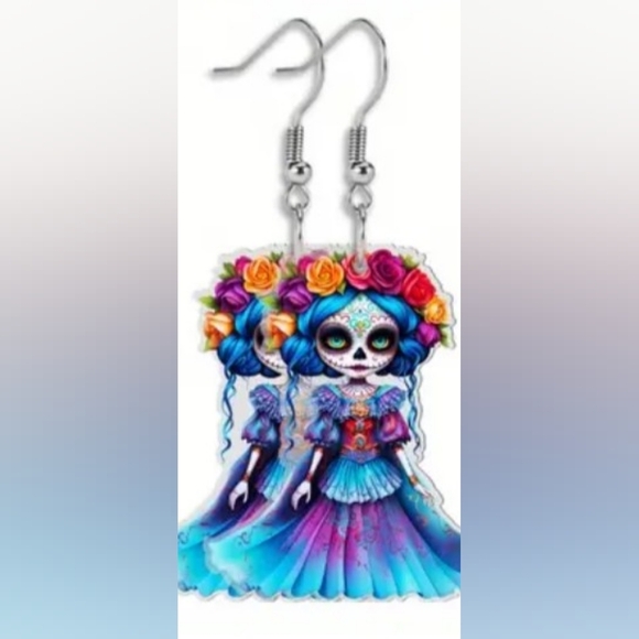 Handcrafted Whimsigoth Fairycore Colorful Sugar Skull Earrings-(#1,047) - Picture 1 of 3